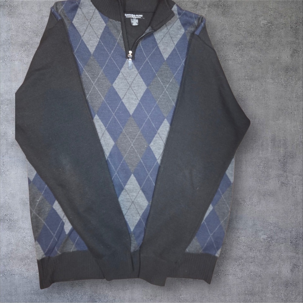 Sahara Club Mens Argyle Quarter Zip Sweater Blue Grey Black Pullover Large